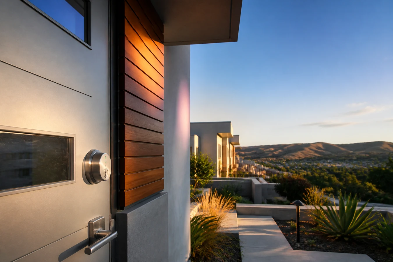 Contemporary Fremont entry with modern lock hardware and East Bay hills